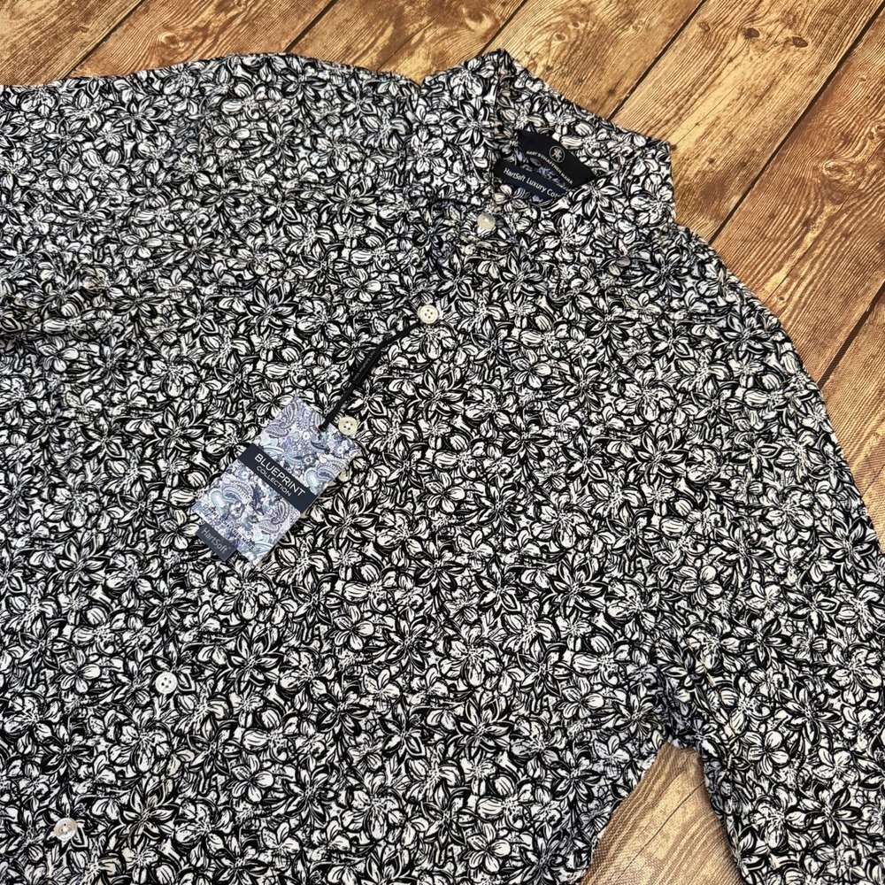 Hart Schaffner Marx Blueprint Shirt Mens Small Black White Floral Luxury Cotton